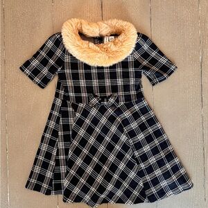 Janie and Jack Girls Short-Sleeve Tartan Plaid Faux Fur Collared Dress • Size 4